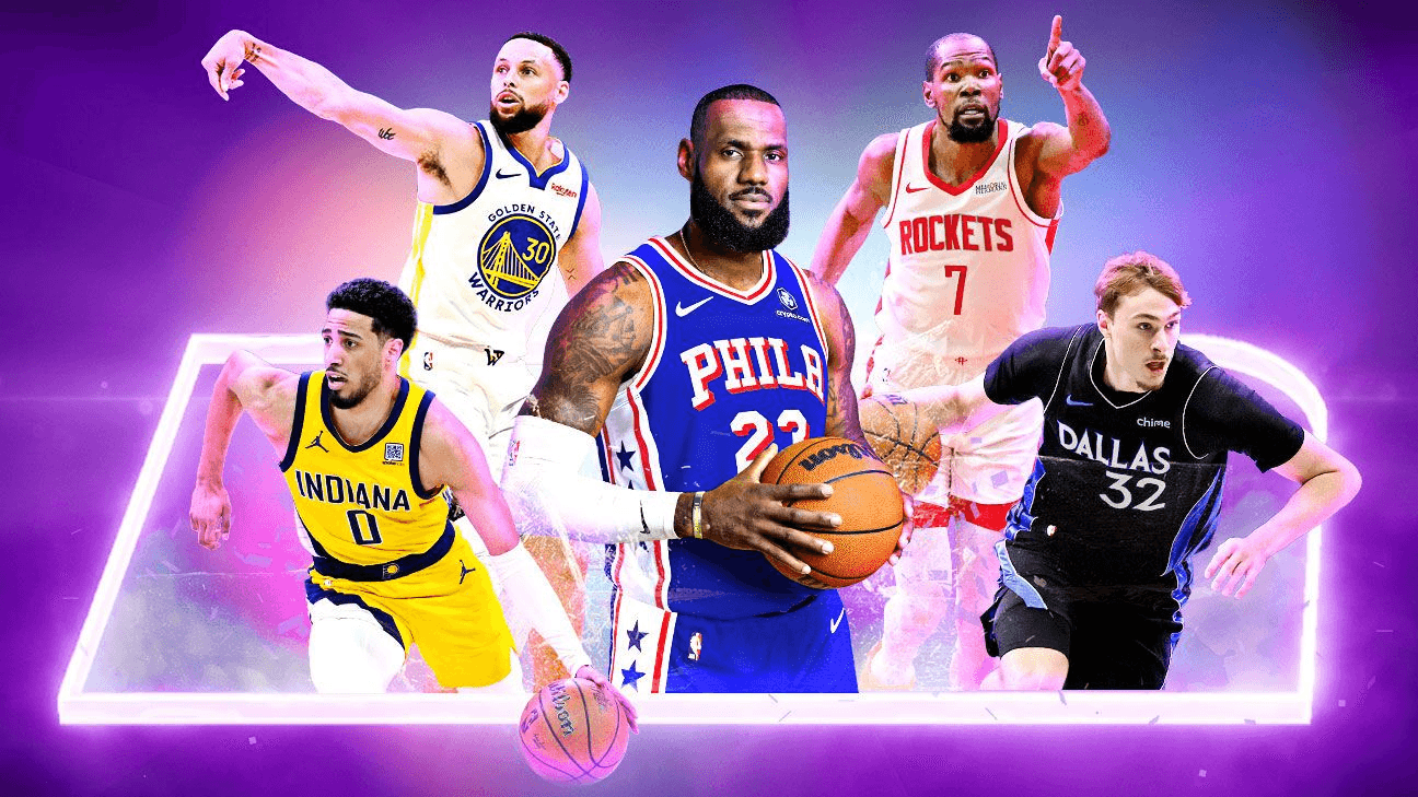 NBA players standing together on a lit basketball court